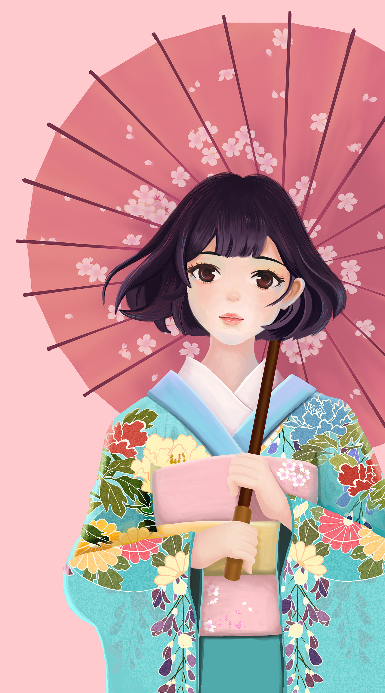 樱花树下 撑着伞的姑娘