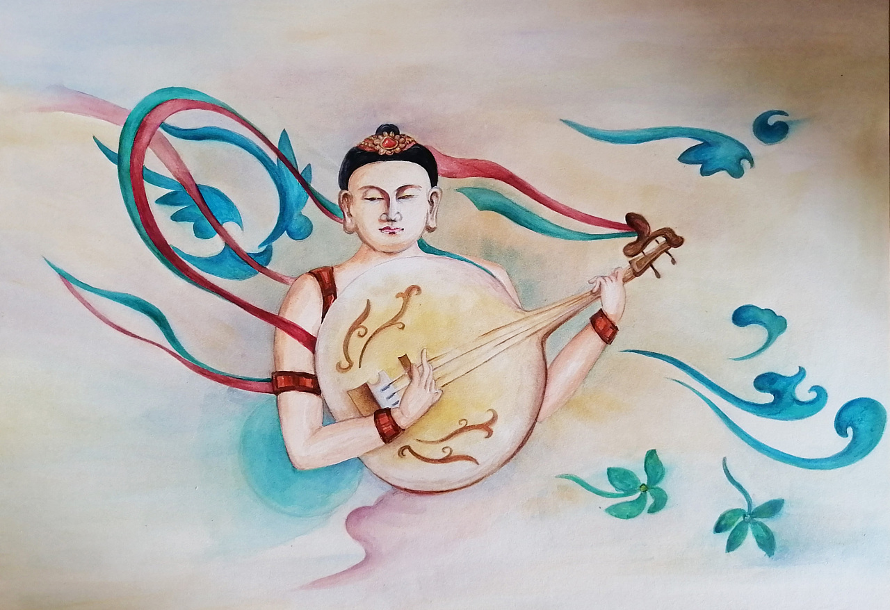 水彩画——伎乐散花飞天