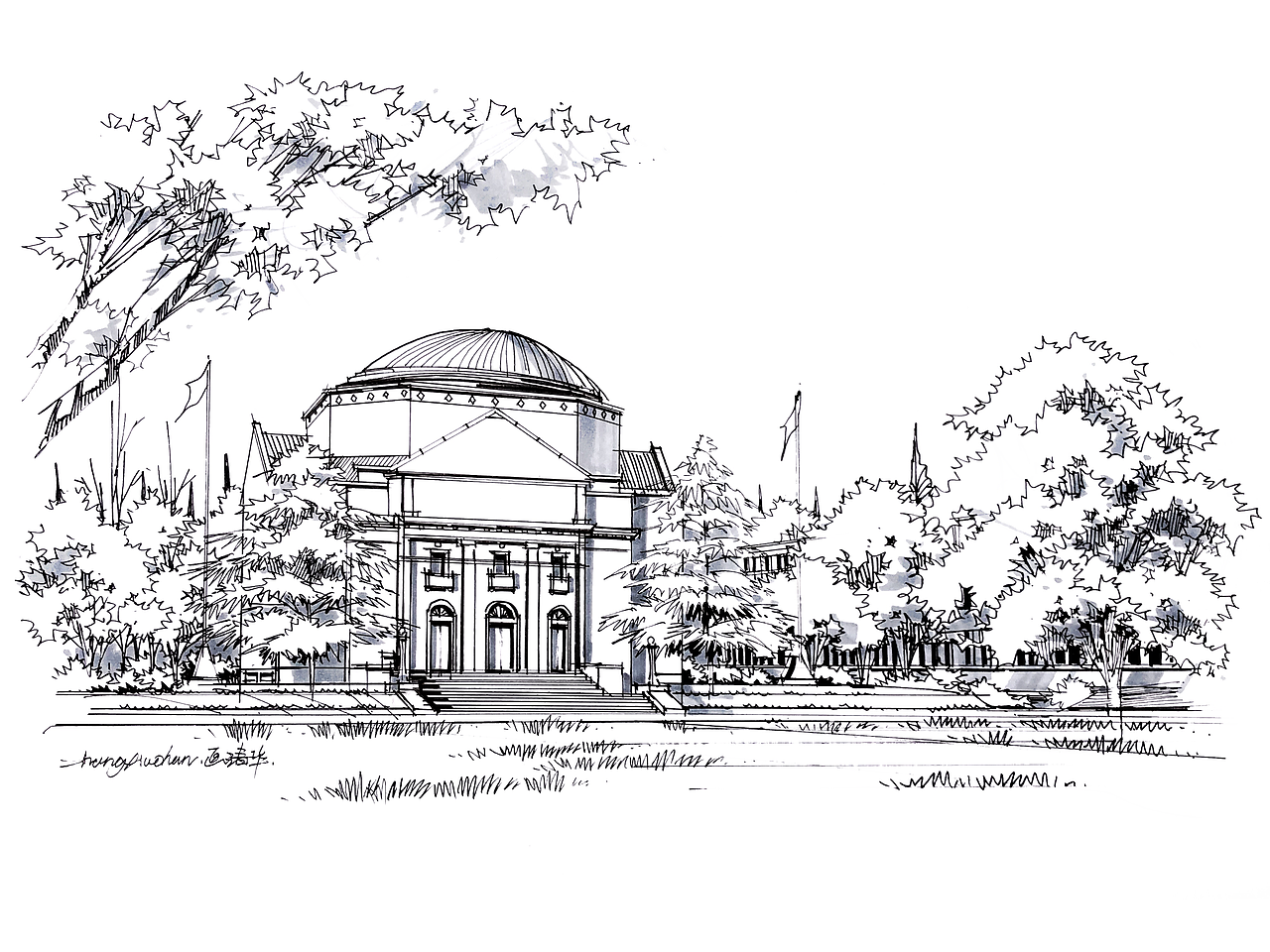 建筑手绘景观手绘北京清华大学