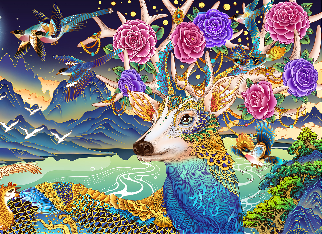 一只白色神鹿静静的卧在水边