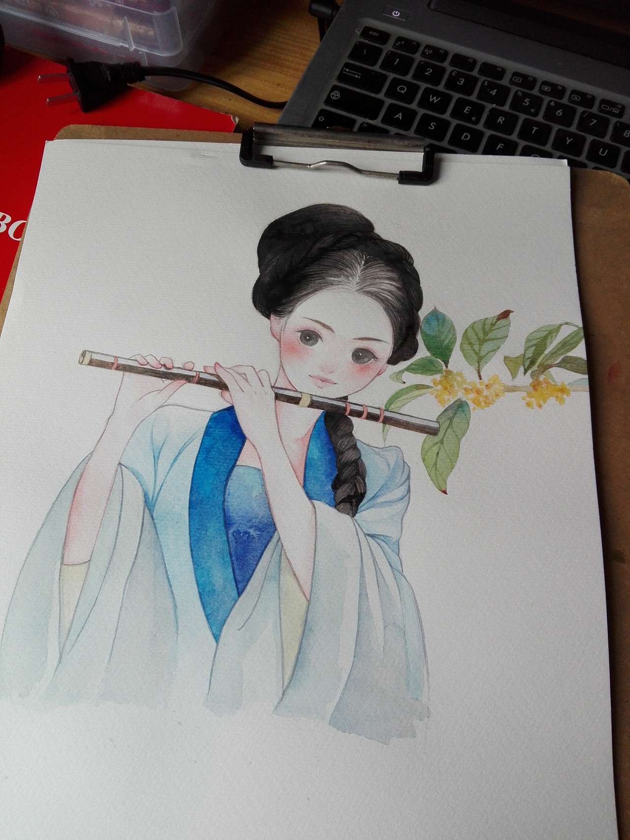 今天的水彩画吹笛子的少女