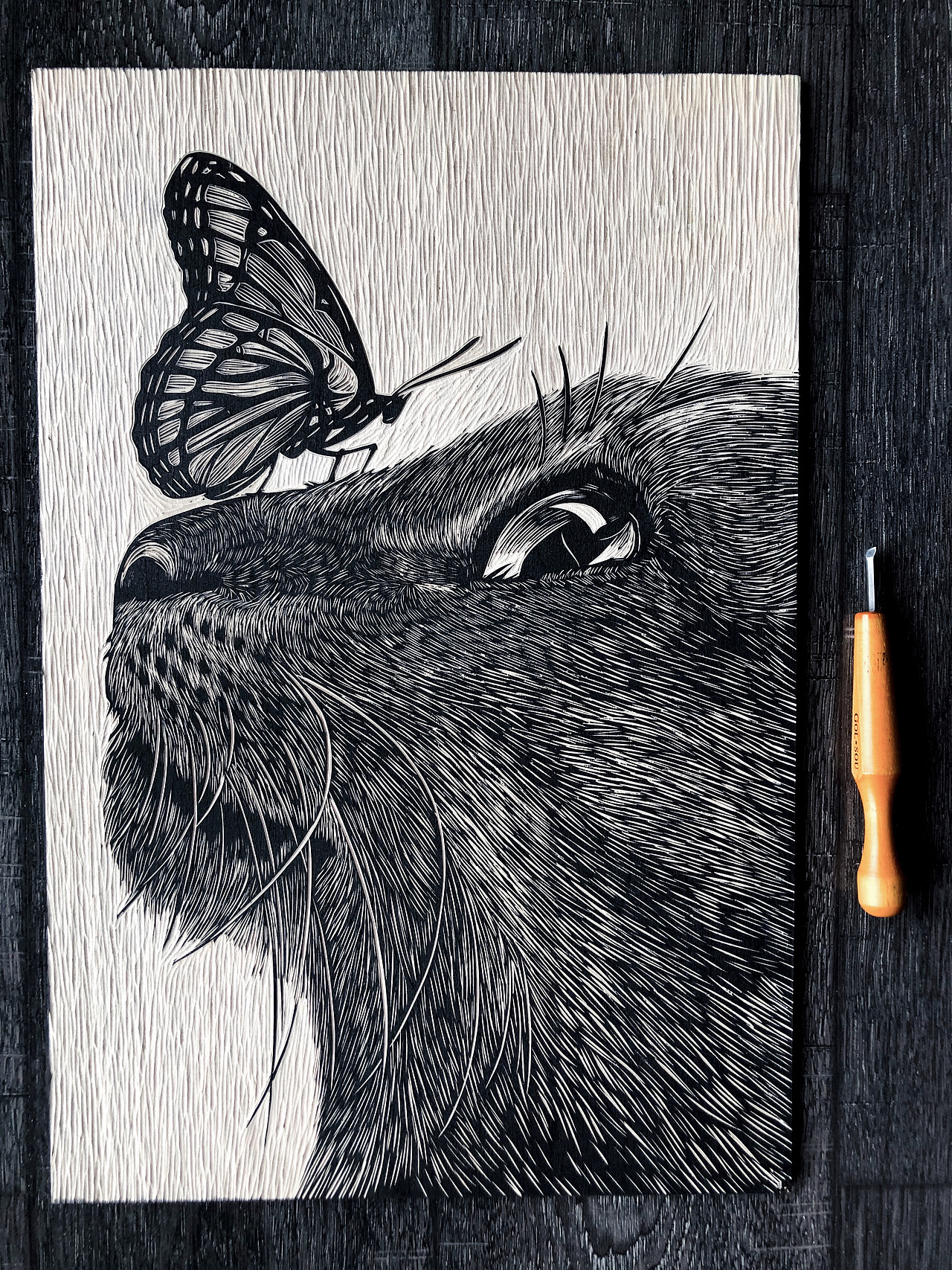 手工雕刻黑白木刻版画动物