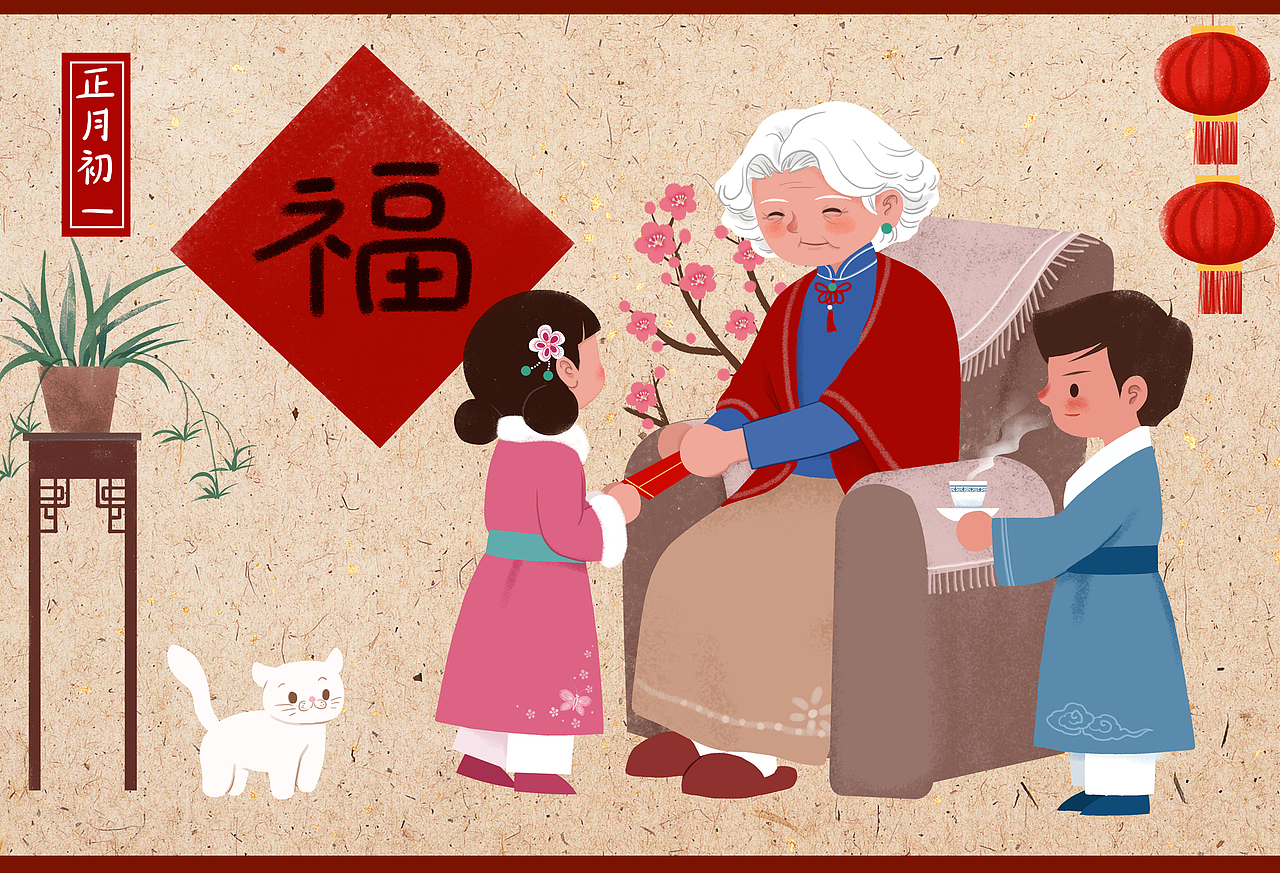 大年初一:金鸡报晓。晚辈给长辈拜年,长辈给压岁钱,压住邪祟。