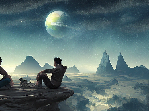 ai创作实验室#两个人坐在一个星球上边,周围都是星空