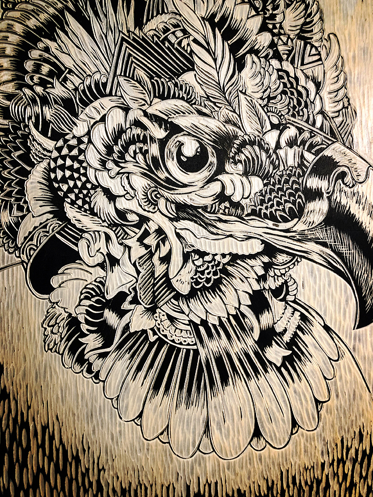 纯手工黑白木刻版画鹰