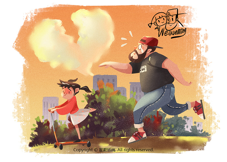 自从你会玩滑板车以后，
你爸的减肥效果很明显，<br>“喂，等等我啊！”