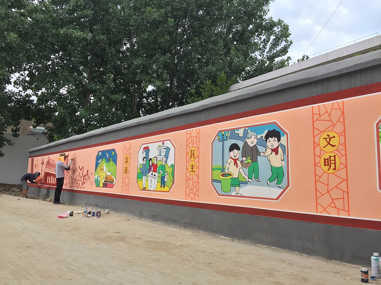 文化墙绘、价值观彩绘、国画窗画