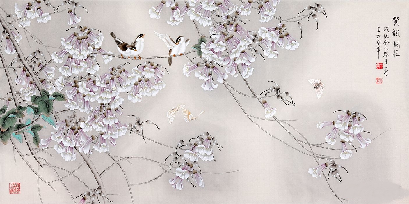 王一容四尺横幅国画梧桐花《紫韵桐花》