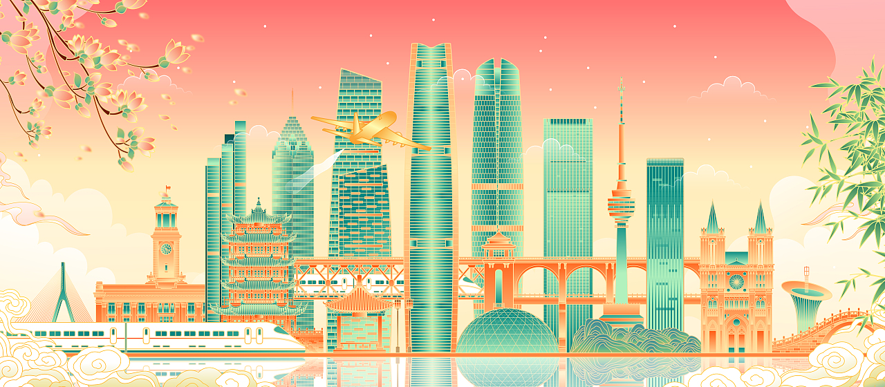 湖北武汉山东济南北京城市地标建筑矢量插画