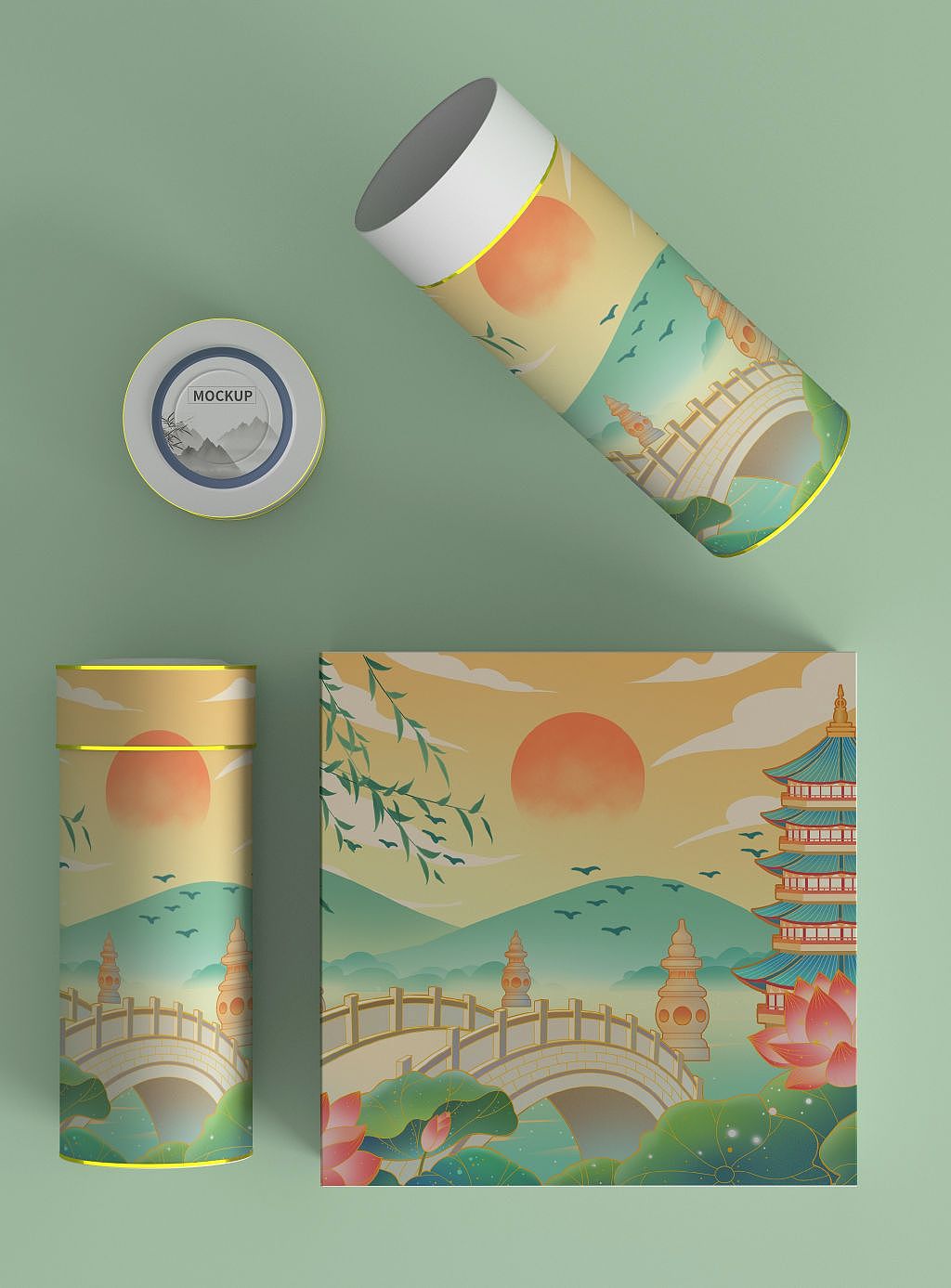 西湖龙井茶包装插画设计