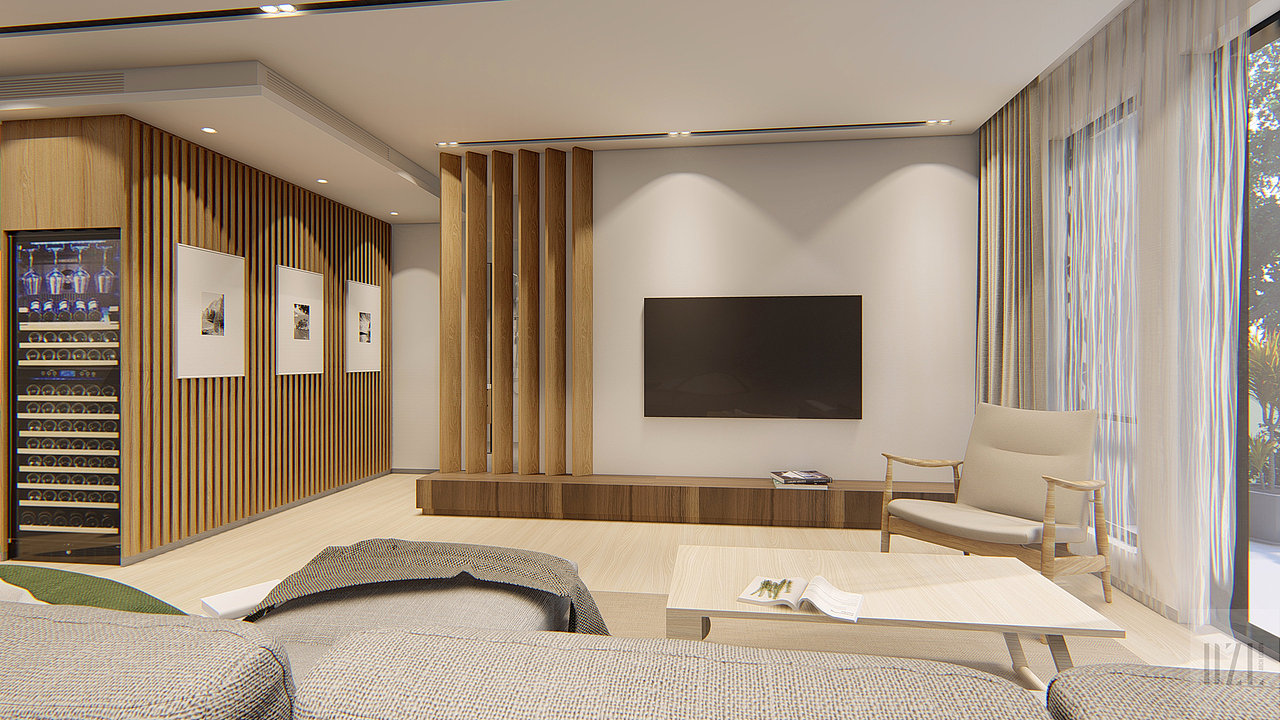 客厅里舒适的宽敞
<br>天花横向金属黑线条的左右延伸<br><br>立面木色线条的顶天立地<br><br>落地纱帘的飘逸<br><br>简洁的空间里<br><br>层次迭起