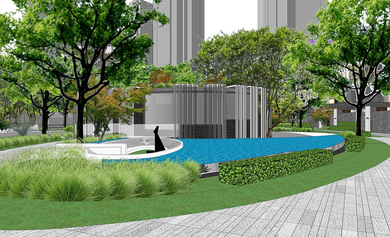 麓湖生态岛别墅区大区景观su模型下载