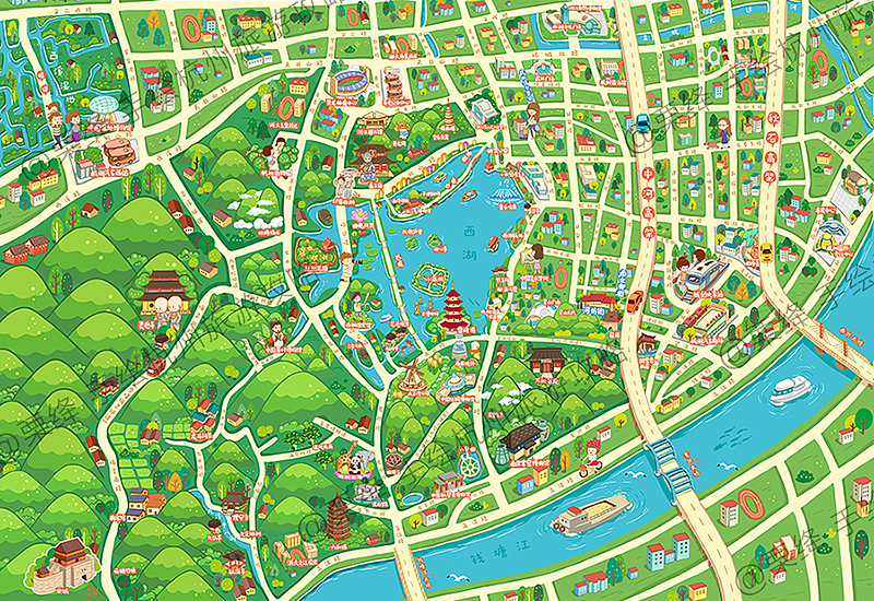 q版卡通杭州手绘旅游攻略地图