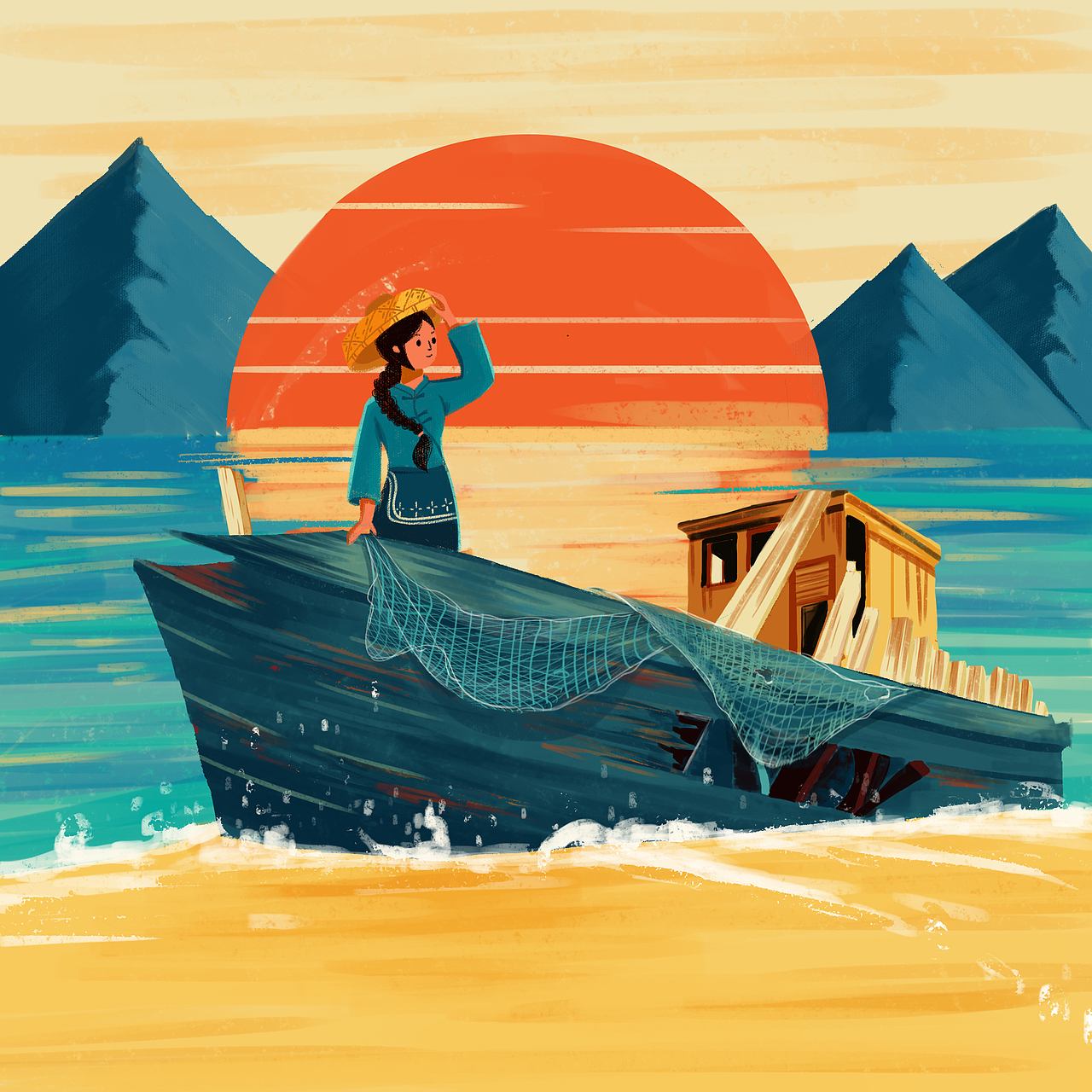 插画一 br>用疍家女眺望的形象去表现他们"以舟为家,向海而歌"的真实