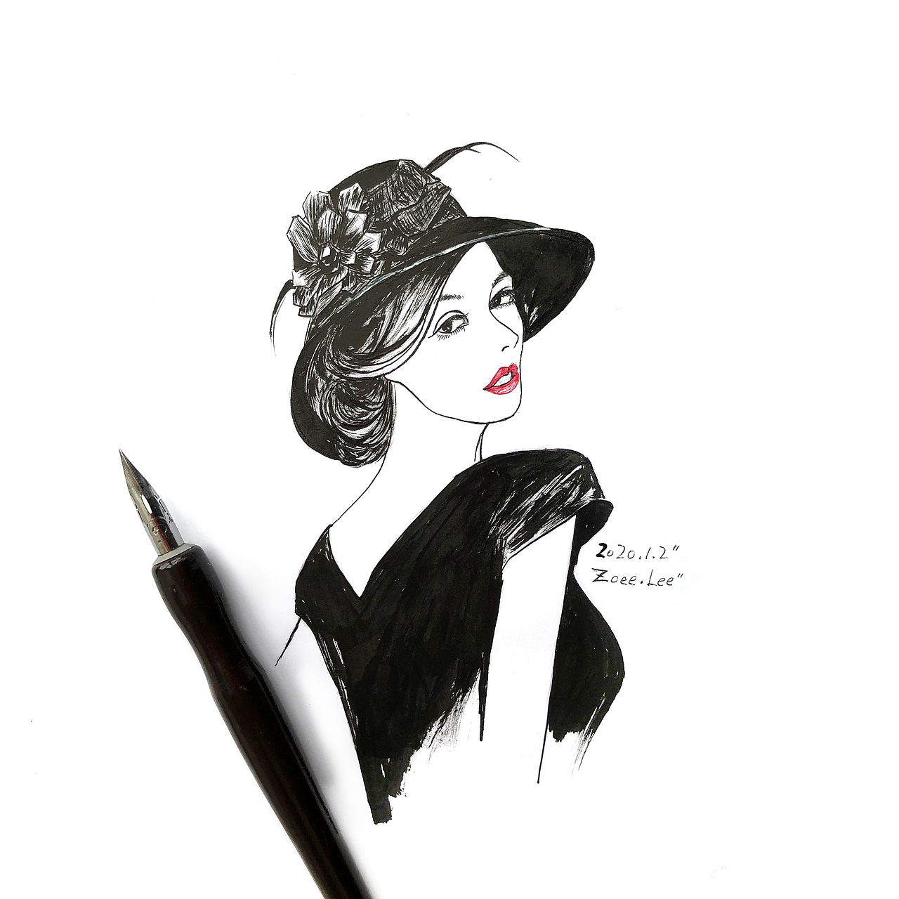 手绘时尚插画戴帽子的优雅女人们