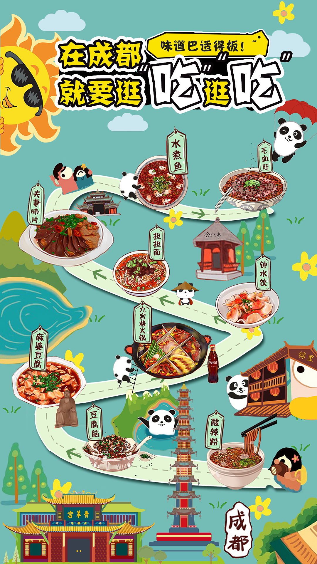 成都美食小地图 攻略 卡通手绘海报