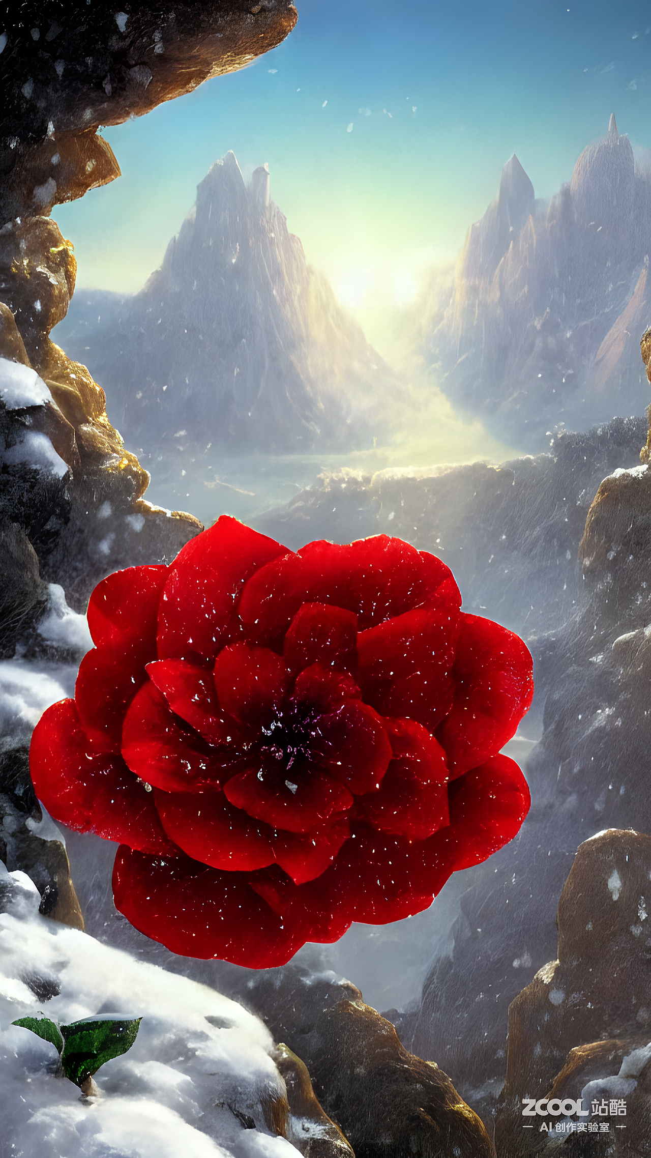 #AI创作实验室#雪山上绽放一朵红山茶花，广角，舞台照（图ZMzIxNzA0Njg0） - AI作品 - 站酷设计师小胖子空空原创素材 - 站酷ZCOOL