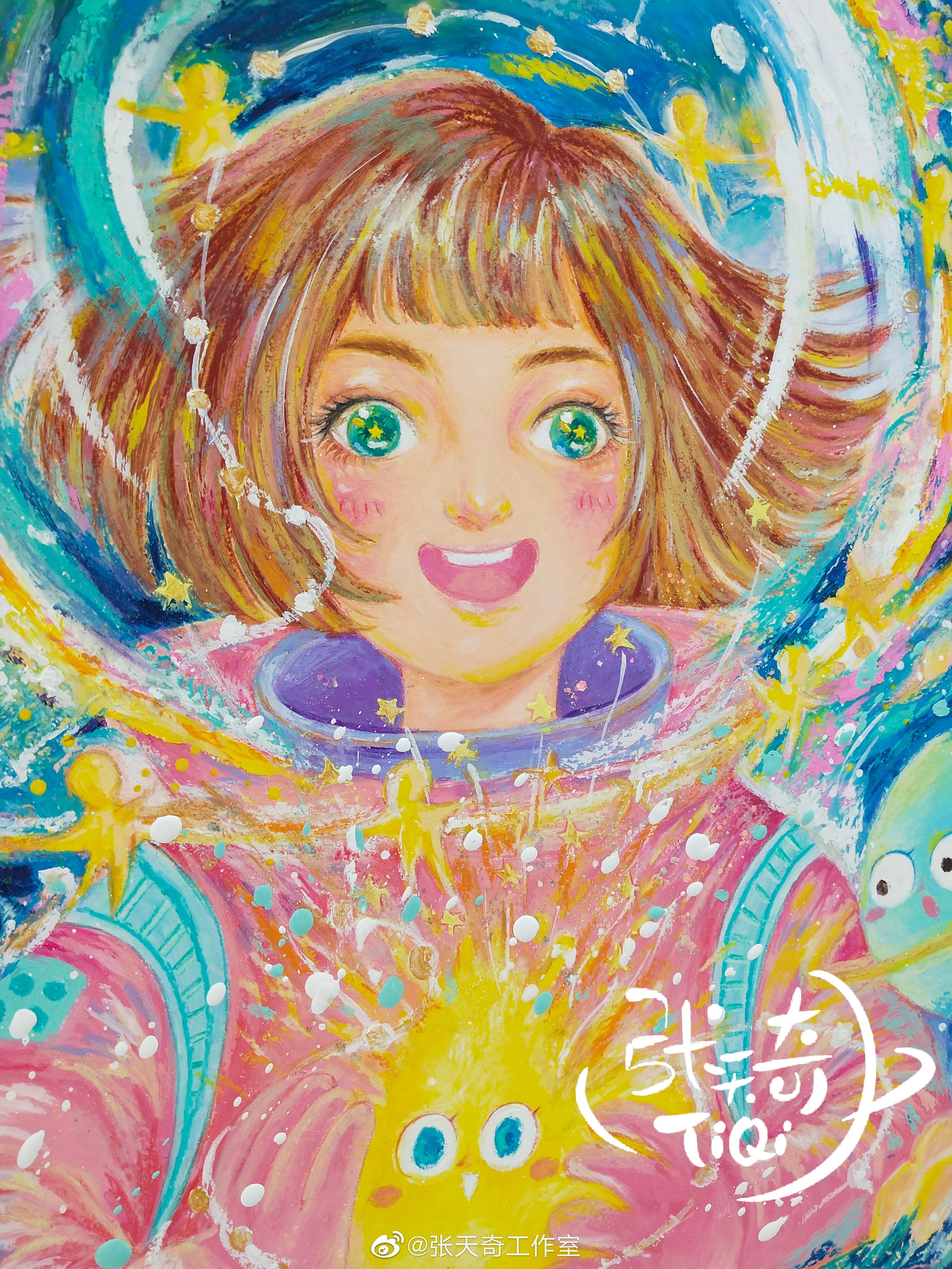 天奇的油画棒少女插画