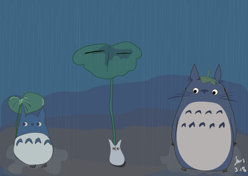 龙猫躲雨的叶子卡通画图片