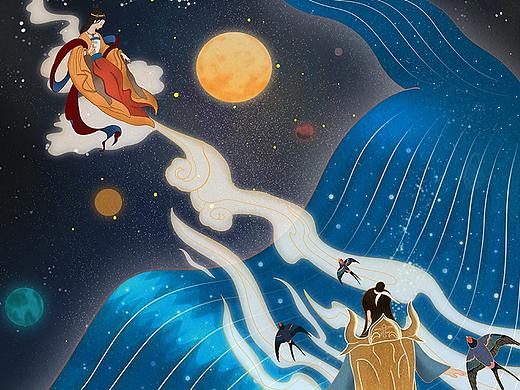 中国风七夕情人节牛郎织女插画