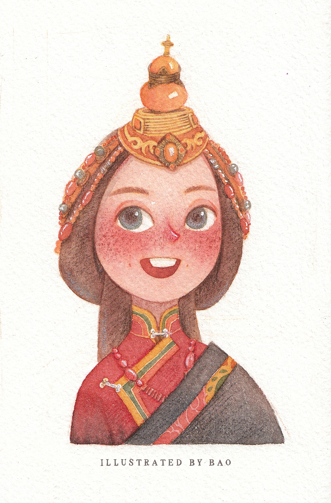 水彩-插画-少数民族女生