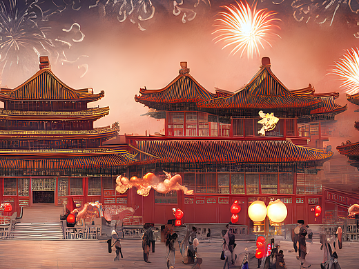 #AI创作实验室#新年场景，祥云，中国风建筑，舞龙，烟