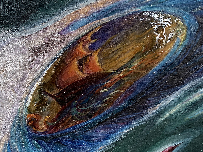 名色(梵语:Nāmarūpa),佛教术语,它是一个在梵文与巴利文都存在的复合字,由名(nāma)与色(rūpa)两个字组成。画面中以海上航行的大船表示,船寓意我们的身体即色身,承载着我们的心识。名,泛指一切精神现象或意识现象,通常包括四种名蕴:受蕴、想蕴、行蕴和识蕴。色法简称为“色”,指一切的物质现象。
