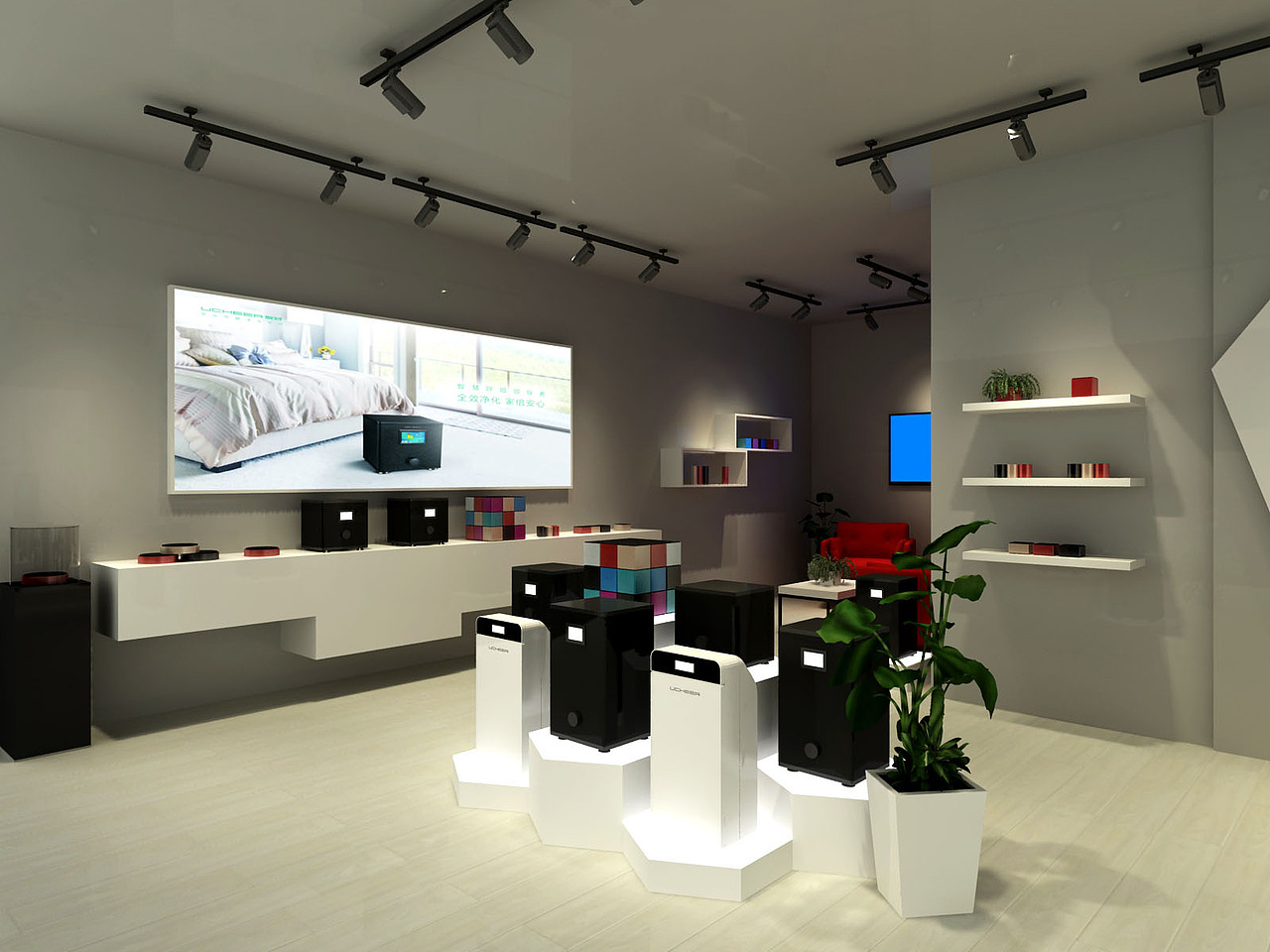 空气净化器门店展厅效果图（图ZMjU3MDA2NjQw） - 商业空间设计 - 站酷设计师小镊子原创素材 - 站酷ZCOOL