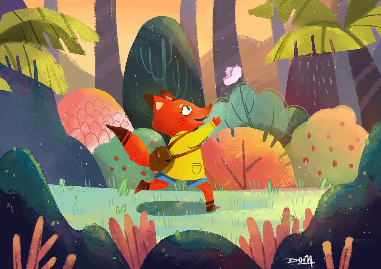 扁平插画|儿插 小狐狸追蝴蝶|插画|儿童插画|不能自理的鸫先生 - 原创