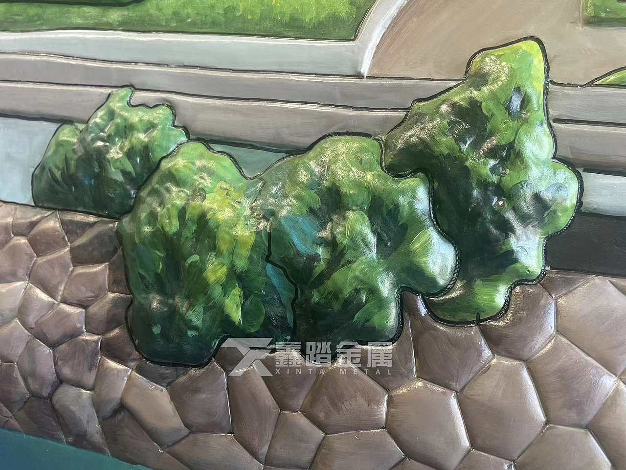 酒店景墙装饰金属壁画 紫铜锻打浮雕阿尔卑斯山脉壁画