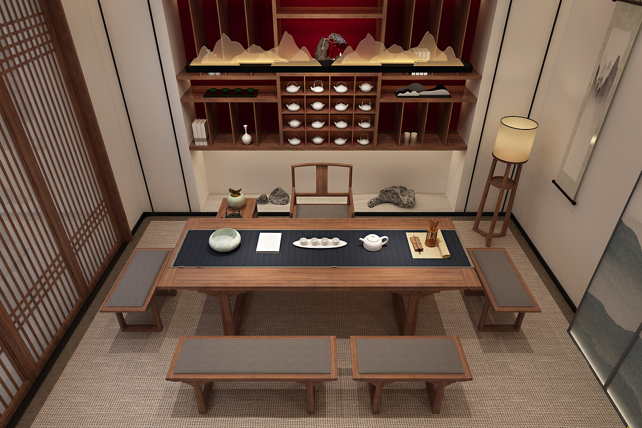 典雅中式茶室客厅一体效果图_齐家网装修效果图