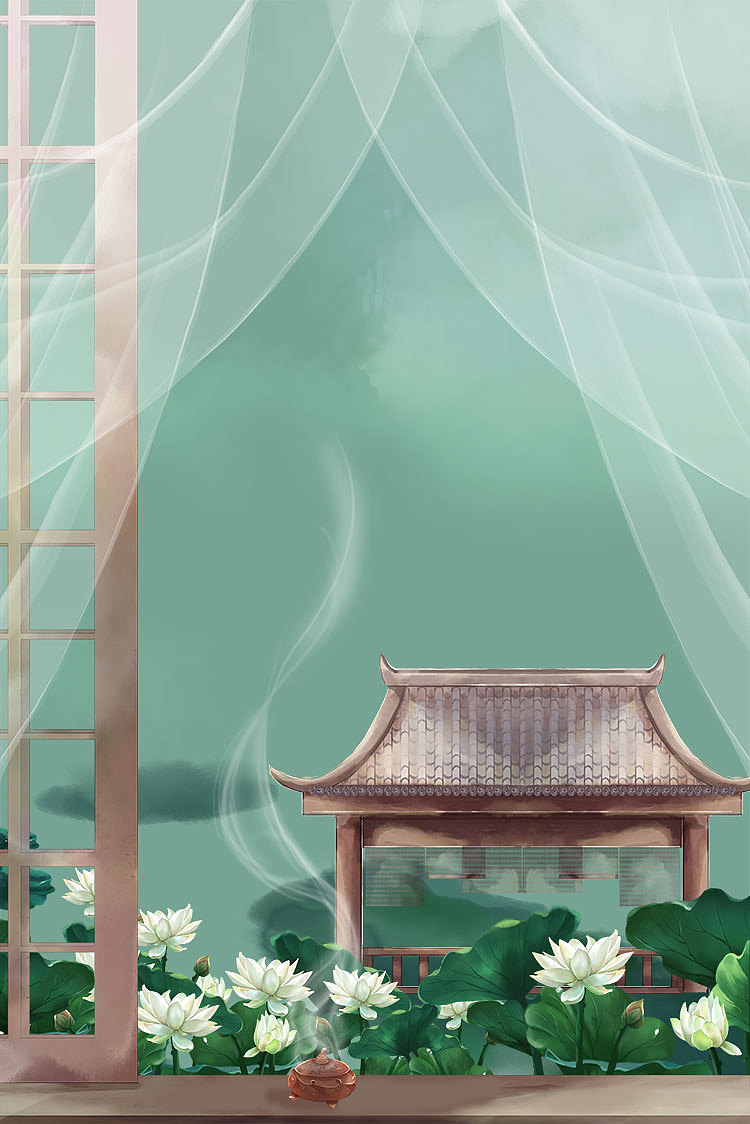PS古典建筑场景中国风庭院游戏背景水彩插画海报设计