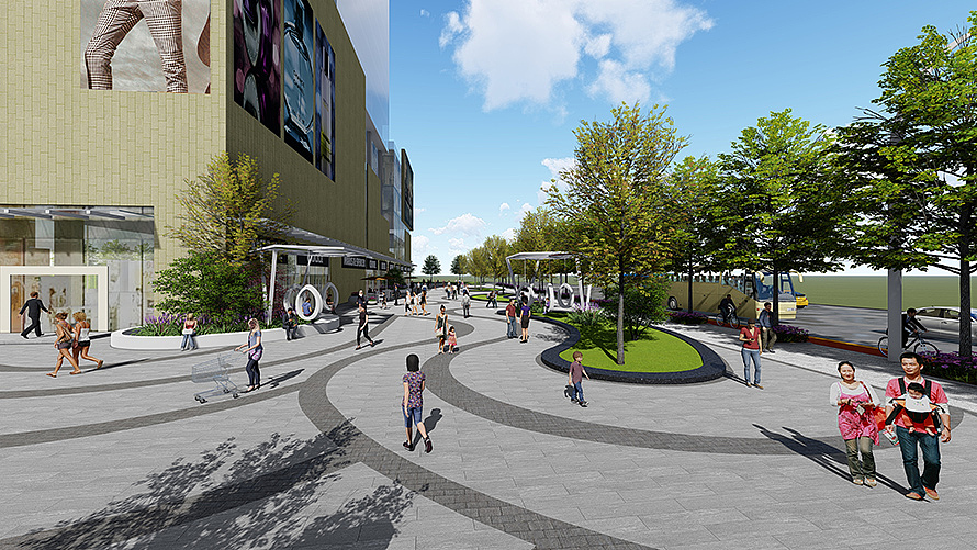 商业街方案二采用自然、舒展的曲线来实现未来感的独特气质和高端定位,通过流线型树池和特色廊架交错布置,使场地变换丰富,现代艺术的氛围达到极致。