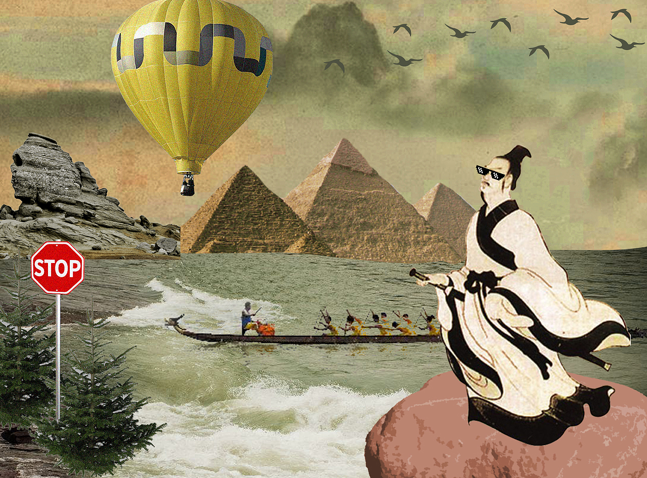 习俗 2 【 赛龙舟】
划船不带浆<br>渡江全靠浪<br>MC屈在空中遨游<br><br>突然发现一艘龙舟没鼓手<br>于是空降船头<br><br>他卖力击鼓<br>摇滚十足<br>与平日形象反差巨大<br>