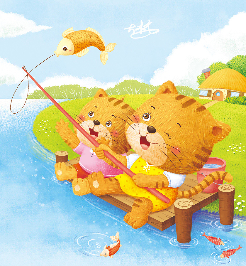 儿童插画钓鱼的猫妈妈