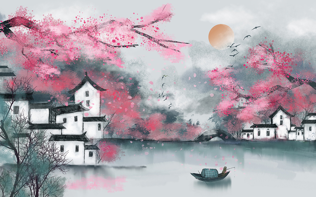 古风水墨场景插画