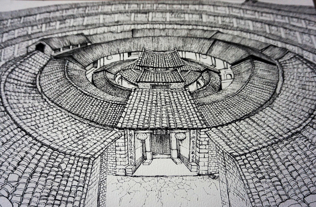 福建土楼手绘过程教学图