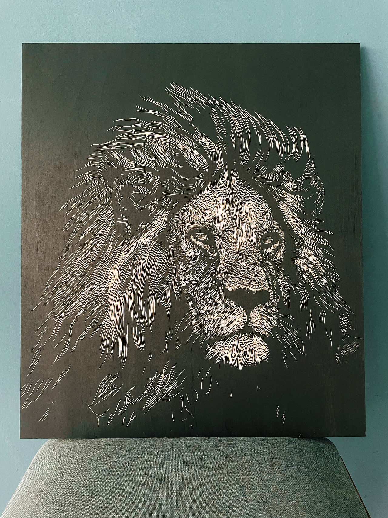 手工雕刻黑白木刻版画·狮子