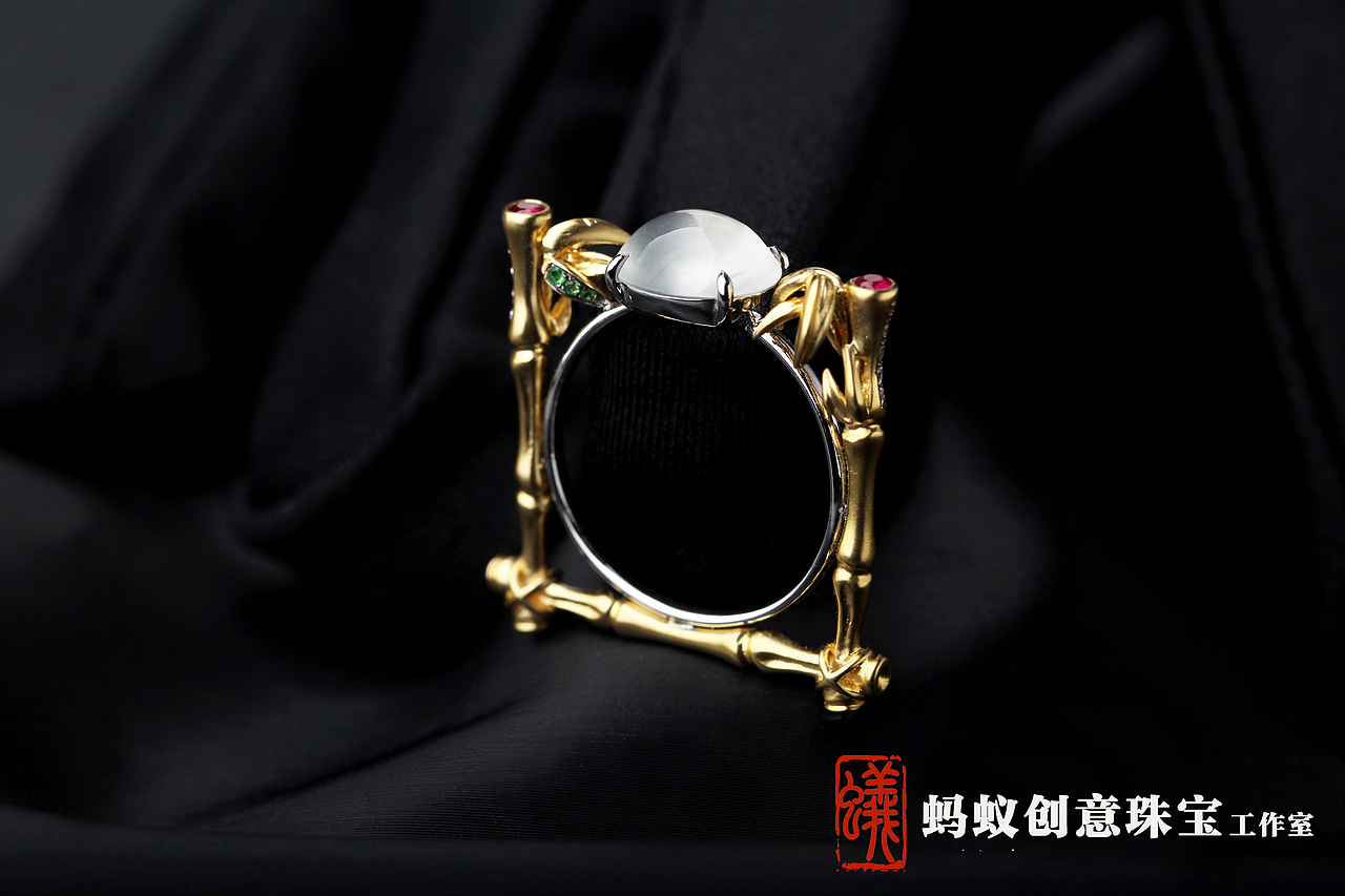 【蚂蚁创意珠宝工作室】竹子翡翠蛋面戒指