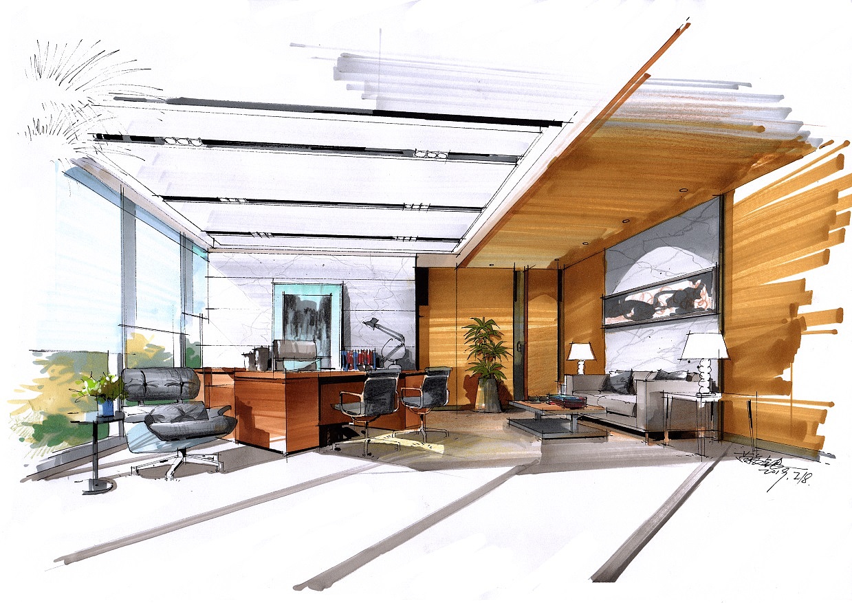 苗长银手绘——室内手绘马克笔上色步骤图|空间|家装设计|苗长银手绘