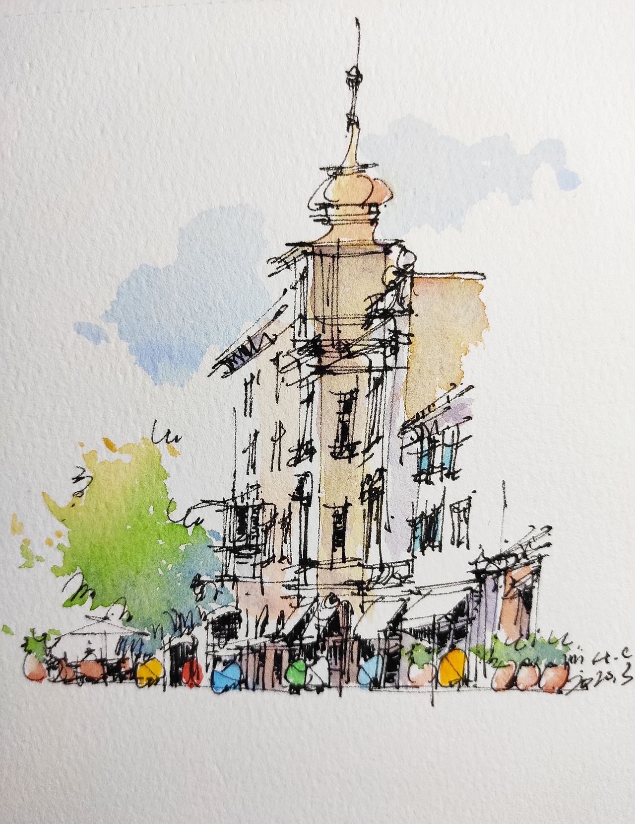 钢笔淡彩建筑风景速写