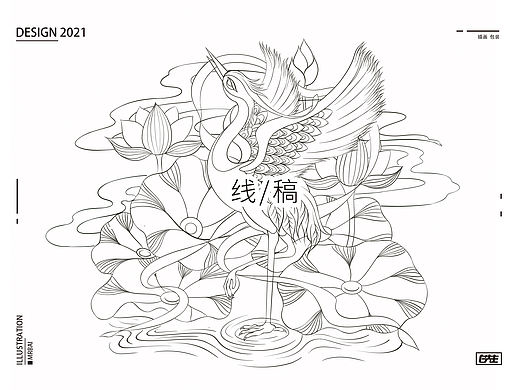 国潮仙鹤丝带飞舞荷花插画包装