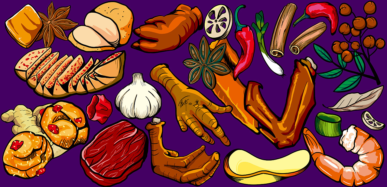 卤味墙绘插画（图ZMjE3MTk5NDky） - 商业插画 - 站酷设计师红入桃腮原创素材 - 站酷ZCOOL