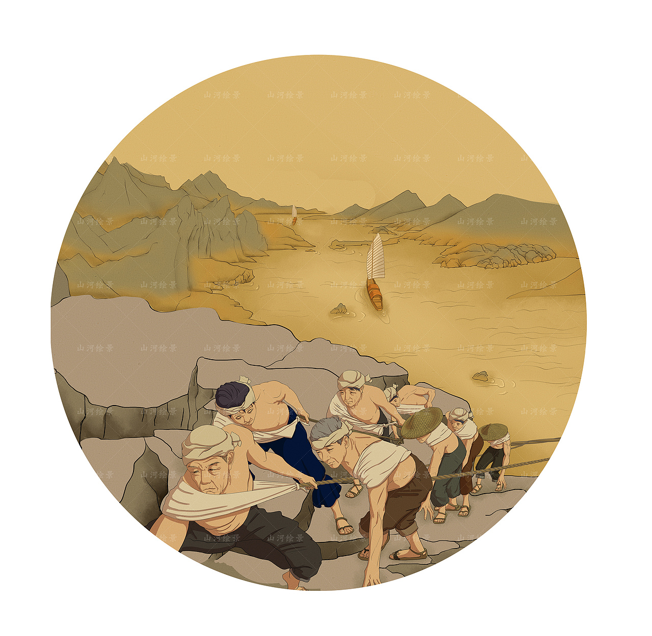 沱江纤夫古风插画