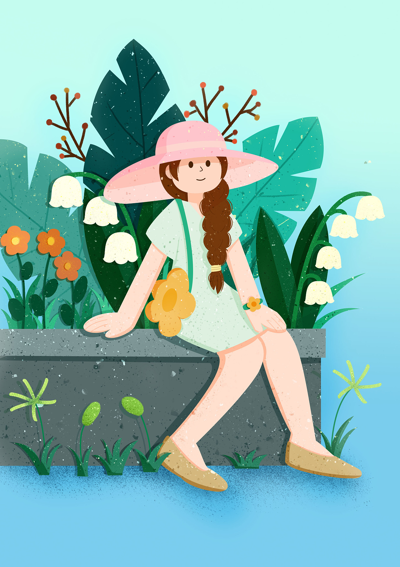 扁平风插画坐在花坛边的女孩