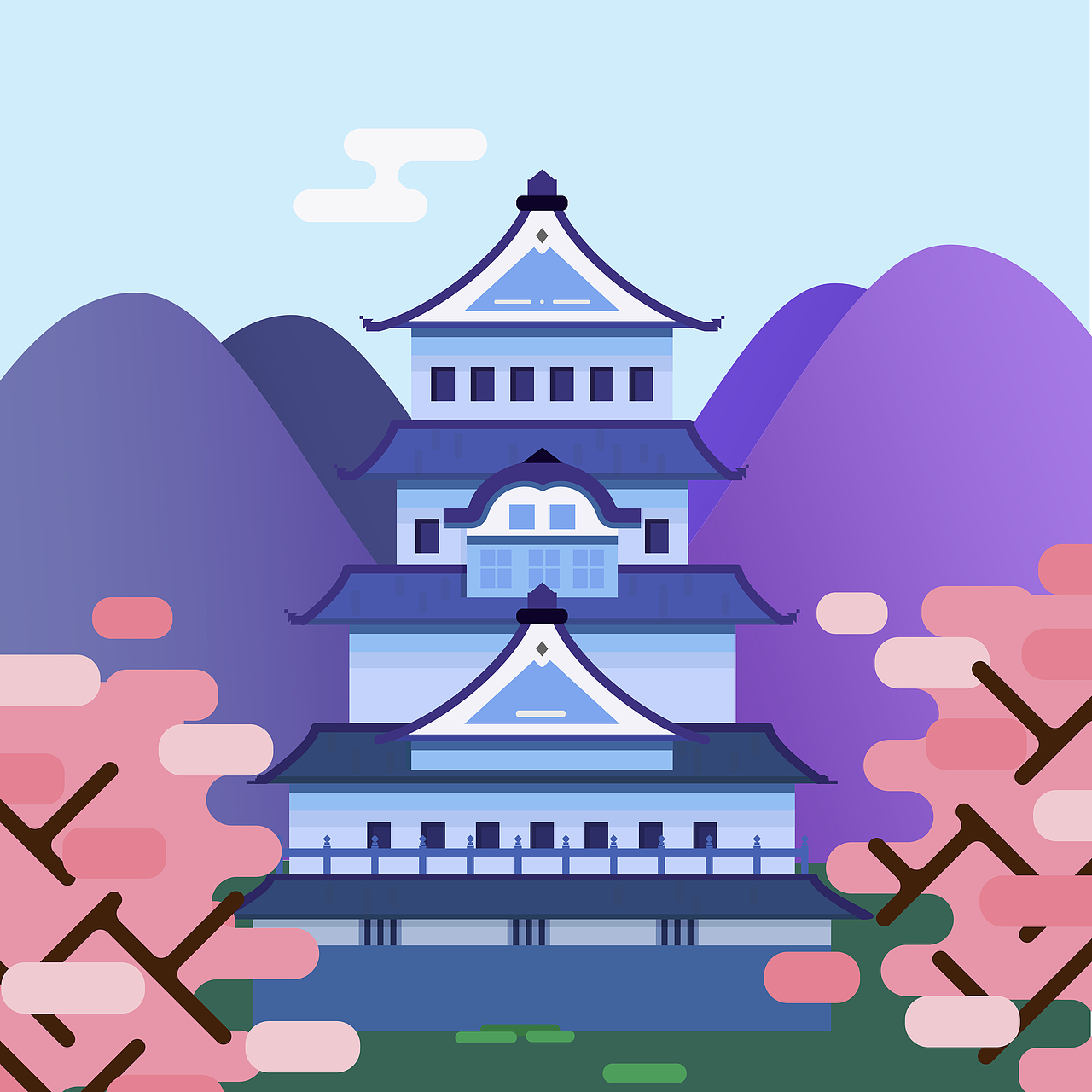 扁平化和风天守阁插画