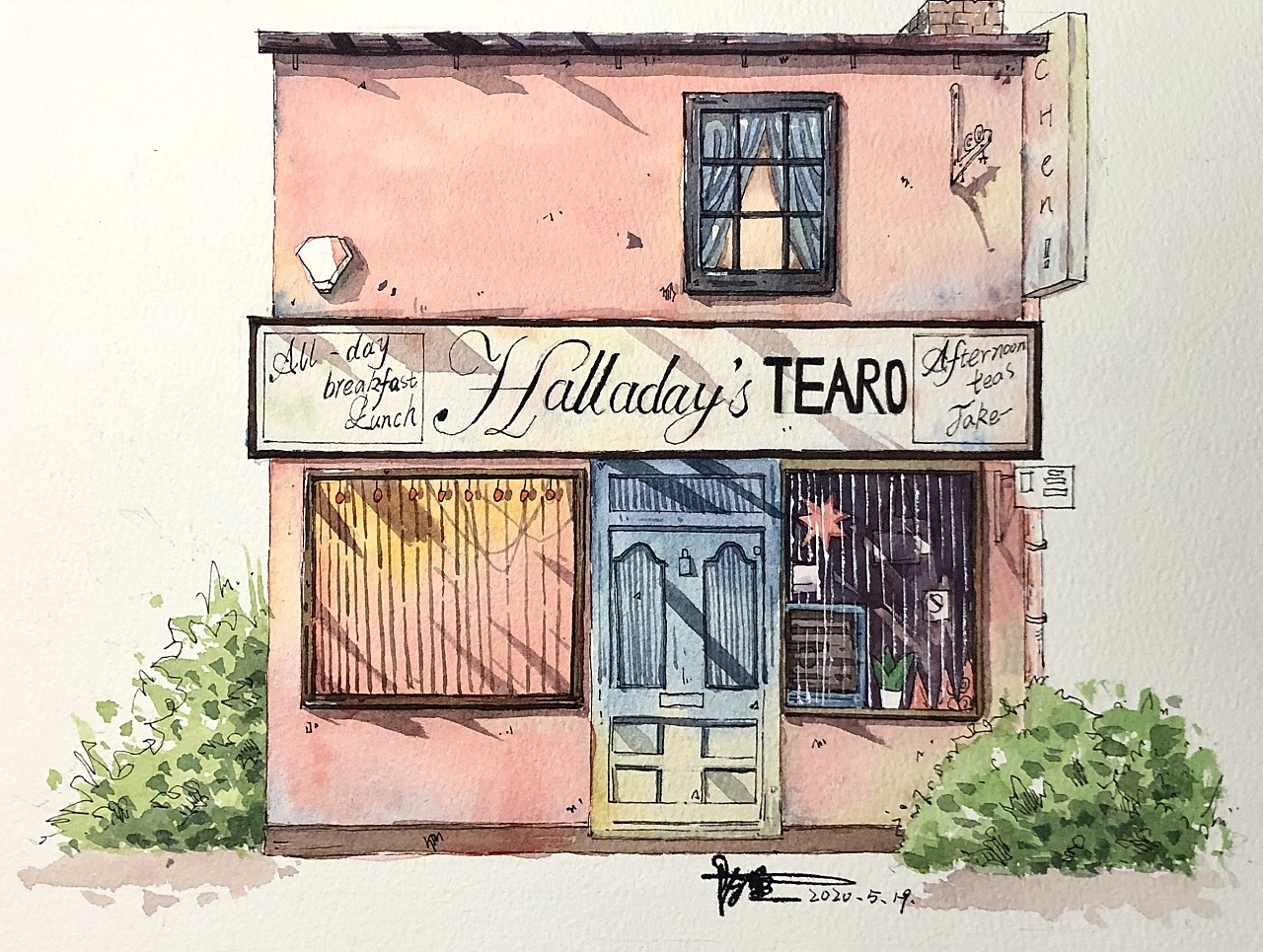 水彩手绘,日式建筑,日式店铺,日式小房子,钢笔淡彩