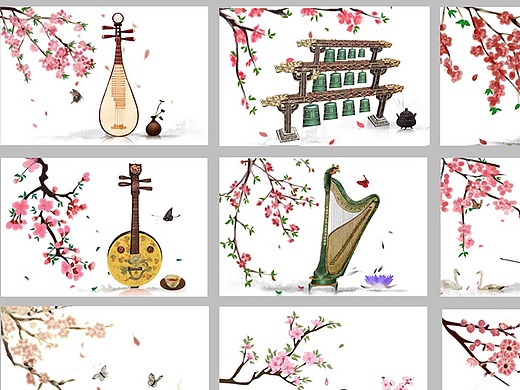 古风手绘《民乐与四季》琵琶阮竖琴编钟笙笛子古筝埙鼓