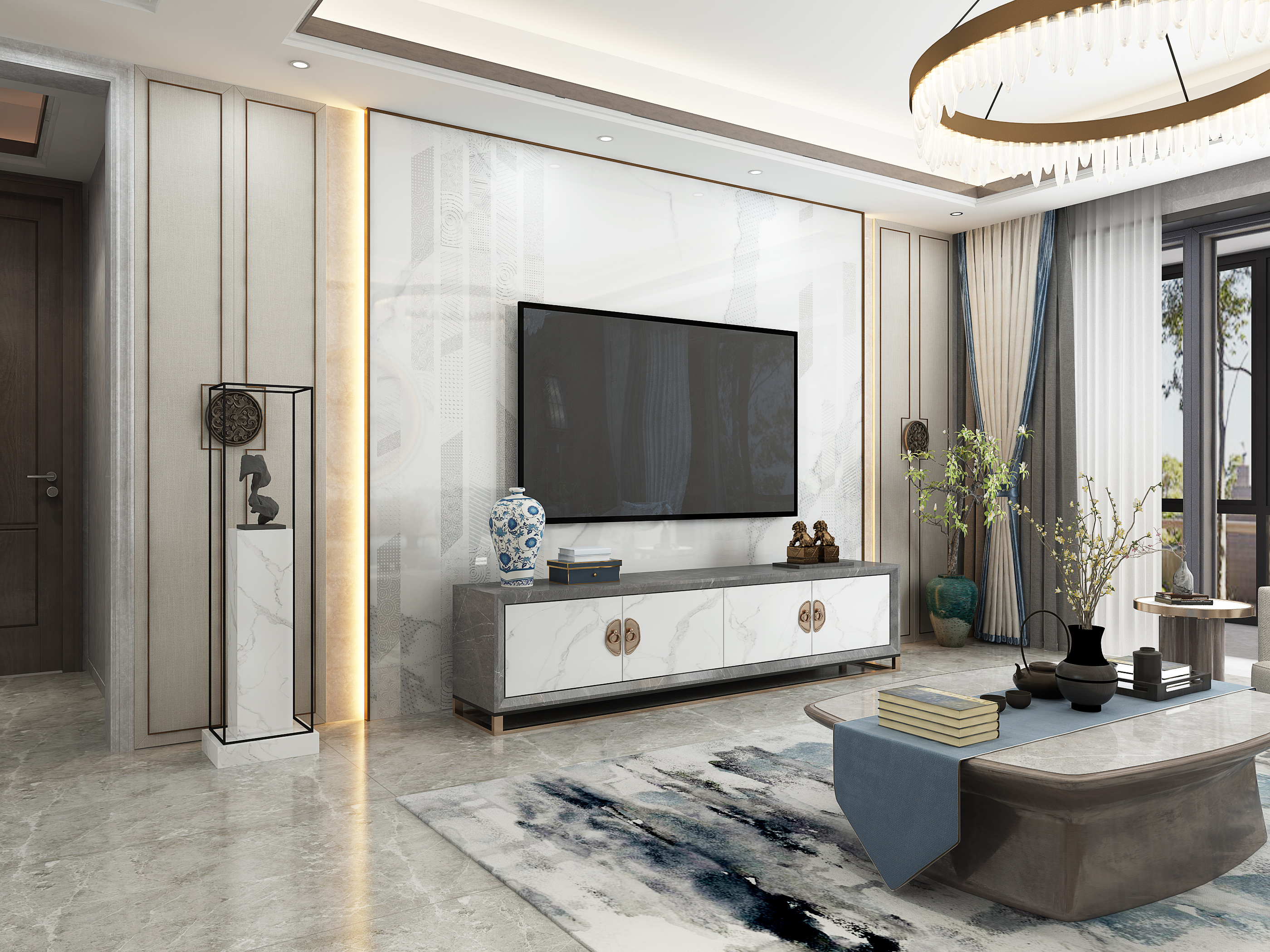 客厅空间 岩板电视柜 阿玛尼浅灰岩板台面,维多利亚白岩板柜门