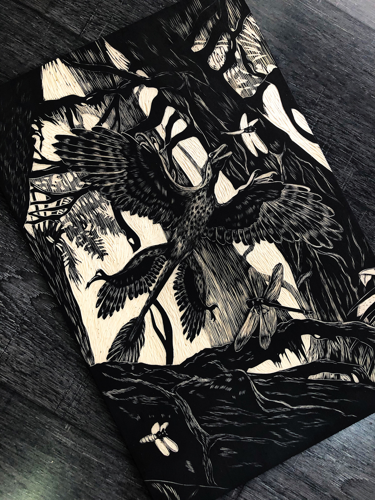 手工雕刻黑白木刻版画《飞行的奥秘》